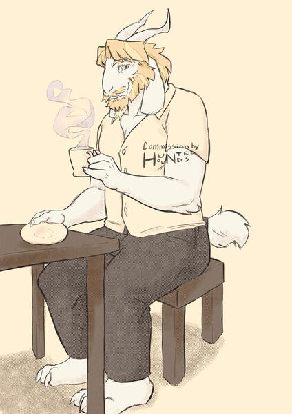 Asgore Dreemurr from Undertale sits at a table with a steaming cup of tea in hand. He smiles at the viewer.