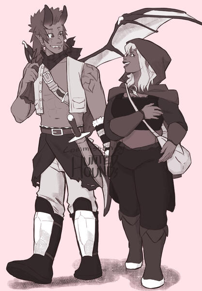 Fantasy AU Kirishima and a commissioner’s OC, Nendo, are walking and talking to each other. Kirishima’s wing is open over Nendo.