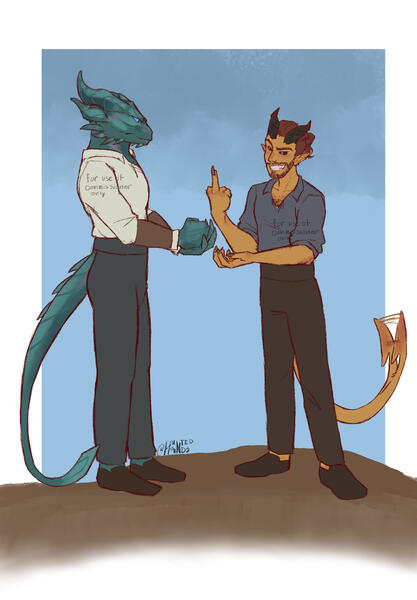 Commissioner’s dragon born character and my own tiefling player character playing ro-sham-bo with each other. The tiefling is flipping of the dragon born.