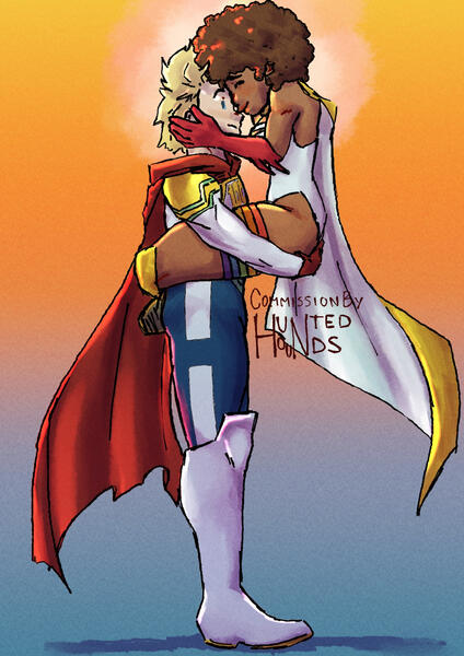 Mirio holds the commissioner’s OC up to his chest as she gently takes his face in her hands.